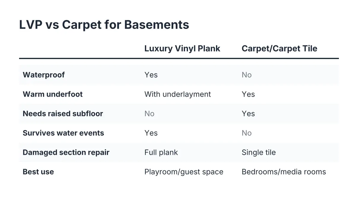 Comparison checklist of basement flooring ideas: vinyl plank versus carpet tile